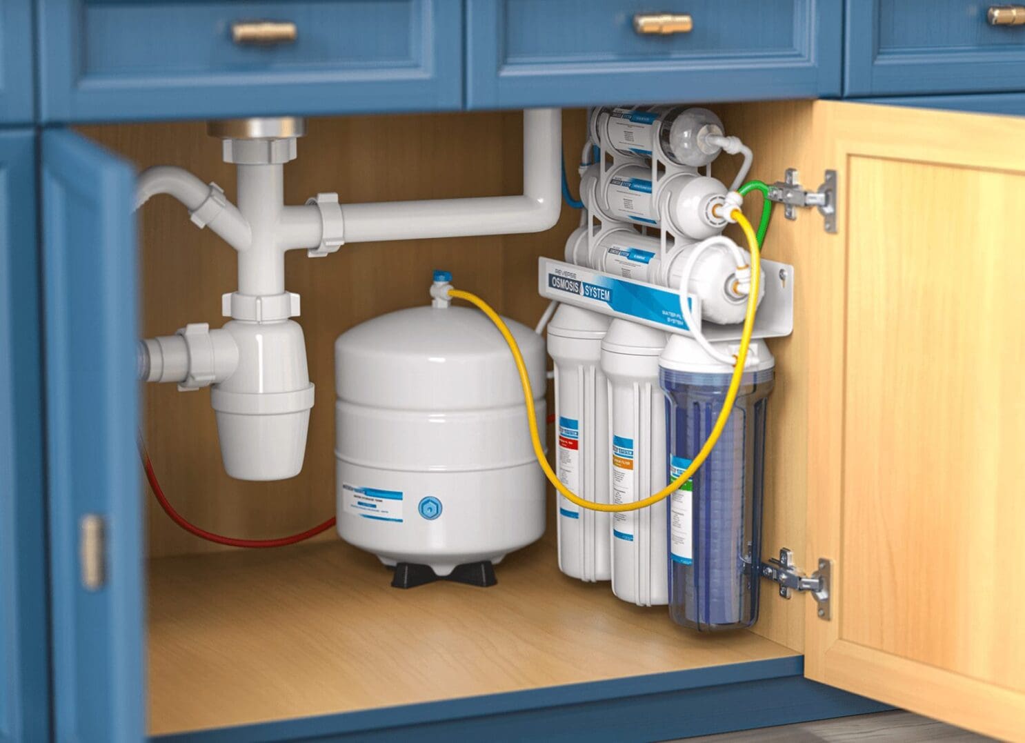 Under-sink water filtration system installation.