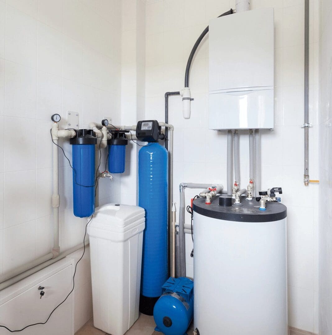 Water filtration and heating system in basement.