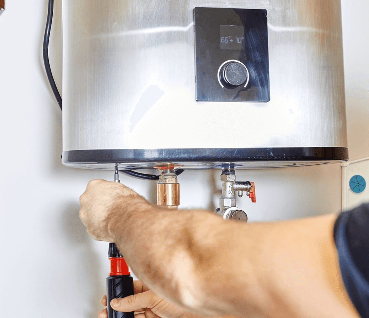 Person installing or repairing a water heater.