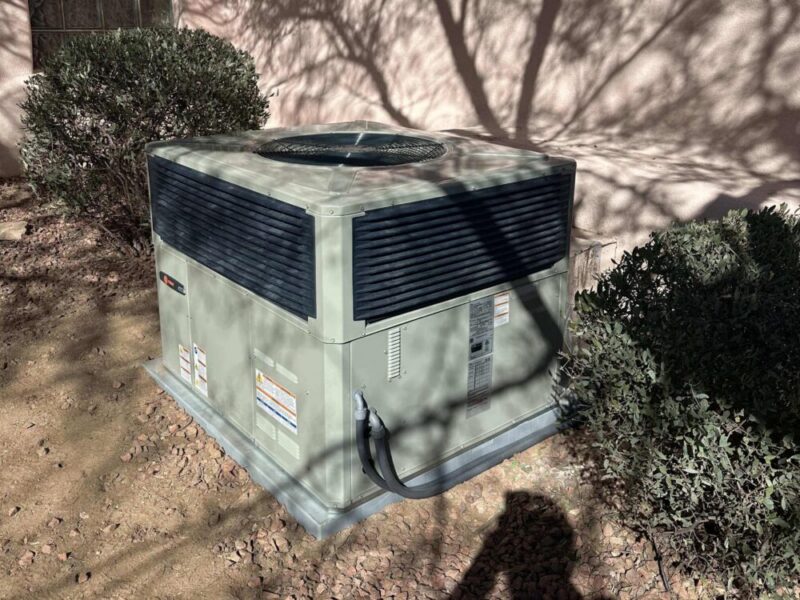 Outdoor air conditioning unit surrounded by a bushes.